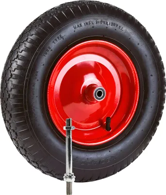 A close-up of a wheel with a red rim and black tire, with a bolt and nuts in the foreground.