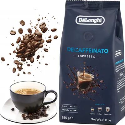 A bag of DeLonghi Decaffeinato Espresso coffee beans is shown next to a cup of coffee and scattered coffee beans.