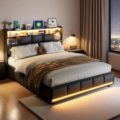 Obrázok produktu pre INONEFT čalúnená posteľ 140x190 s LED osvetlením a USB portmi, posteľ s pružinovou základňou, posteľ s hydraulickým úložným priestorom, posteľ pre mládež s úložným priestorom, čalúnenie zPolyuretánmateriálu, čierna farba
