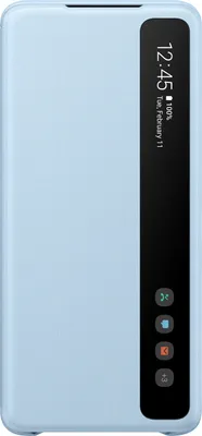 A light blue flip phone case with a transparent window showing the time and date.