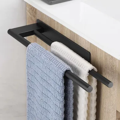 Produktbild von OKWISH Doppelter Handtuchhalter Schwarz,39 cm Edelstahl Handtuchstange ohne Bohren, selbstklebend mit 3M Klebepad,2-armig für Badezimmer/Küchenzubehör