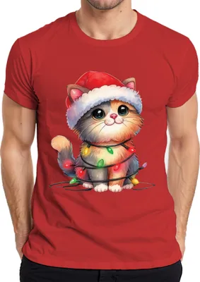 Produktbild von Katze Lichterkette Katzenliebhaber - Weihnachten Weihnachtsgeschenk Christmas Herren T-Shirt, Rot, L