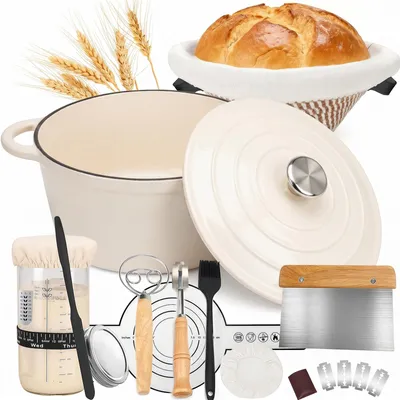 Produktbild von Brotbackset mit Gusseisentopf 4,6 L Ø 26 cm, emaillierter Brotbacktopf mit Deckel, Gärkörbchen 23 cm & Sauerteig-Starterset, Cremeweiß