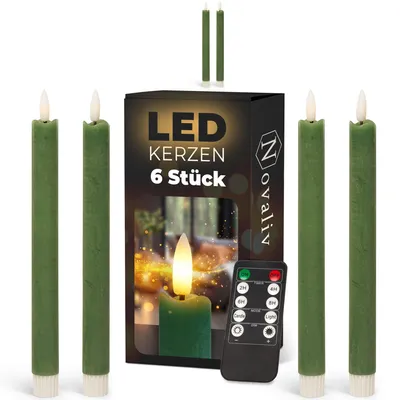Produktbild von Stabkerzen LED mit Timer Grün 6 Stück indoor - 6 Stunden - ECHTWACHS 23cm Höhe für Kerzen 2,2cm Durchmesser 2 AAA Batterien notwendig LED Stabkerzen 2er Set Grün (zwei Mal) bewegliche Flamme Licht