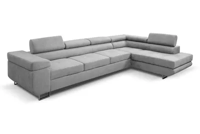 Produktbild von MargaretHadas24 Ecksofa L Form Marlene IV, 347x202, mit Schlaffunktion Bettkasten Couch mit verstellbaren Kopfstützen Samtstoff rechte Seite hellgrau