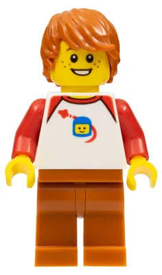 Image de Minifigurine LEGO, homme, chemise blanche "Classic Space", jambes orange foncé, couleur foncée (référence : bdp042)