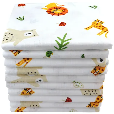 Produktbild von Mulltücher Baby 10er Set Tiermotive 80 x 70 cm – Spucktücher Mullwindeln Stoffwindeln, 100 % Baumwolle, 10 Löwen