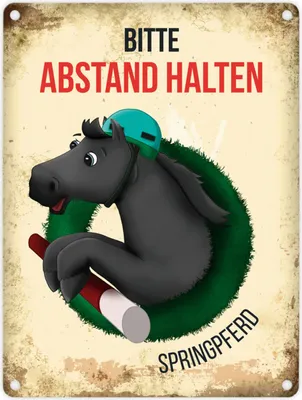 Produktbild von Metallschild mit schwarzem Pferde Motiv und Spruch: Bitte Abstand halten -