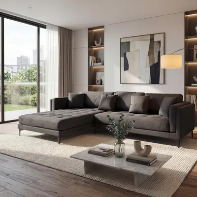 Immagine prodotto di Set di divani HWC-M27, divano angolare a L, superficie reclinabile a sinistra/destra, legno massiccio 293cm ~ tessuto/tessuto grigio scuro