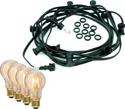 A string of black party lights with Edison-style LED filament bulbs and a power plug, laid out on a white background.