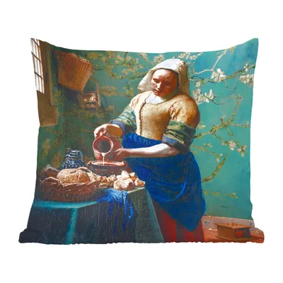 Produktbild von MuchoWow® Zierkissen Sofakissen Wohnzimmer Dekokissen 60x60 cm Milchmädchen - Mandelblüte - Van Gogh - Vermeer - Gemälde - Alte Meister - Sitzfläche - Foto Polster
