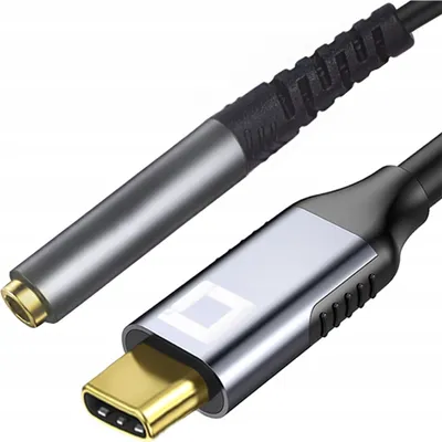 A close-up shot of a USB-C to 3.5mm audio adapter cable.
