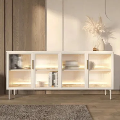 Produktbild von Sideboard LUMI 181 cm Kaschmir Riffelglas LED Gold 4-türig Kommode Glamour