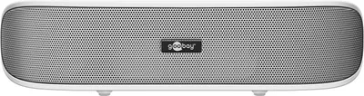 A white soundbar with a perforated front grille.