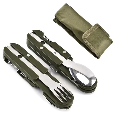 Obrázek produktu pro Kempingový příbor - Skládací - 14 x 3,5 x 2 cm - Nerezová ocel - 5 v 1 - Lehký - Na kemping a turistiku