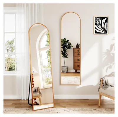 Produktbild von Ganzkörperspiegel, 150 x 40 cm, Standspiegel, Wandspiegel mit Ständer, robuster Aluminiumrahmen, großer Ankleidespiegel für Schlafzimmer und Wohnzimmer, Gold