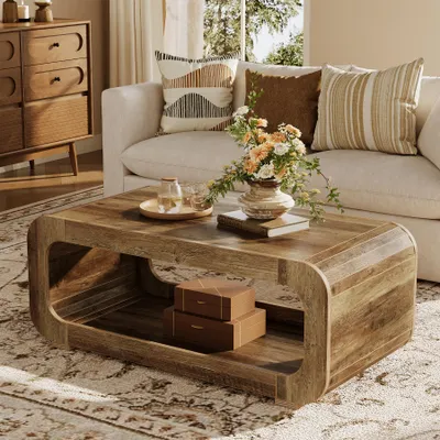 Produktbild von 120 cm Couchtisch mit offenem Stauraum, rechteckiger Akzenttisch, niedriger Cocktail- und Teetisch für Homeoffice und Wohnzimmer, rustikales Braun