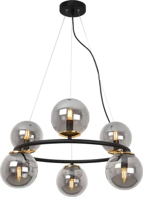 Image de Suspension Aura noir-doré 6 flammes verre gris fumé E14