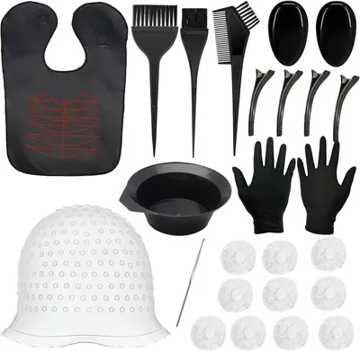 Produktbild von 25-teiliges Set zum Haarefärben mit Zubehör, Haarfärbepinseln, Färbekappe, Haartönungsschale, Bürstenkamm, Färbeschürze, Haarnadeln und Handschuhen