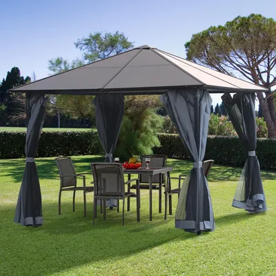 Produktbild von Hardtop Pavillon 3x3 m, Polycarbonat-Dach 6 mm, Gartenpavillon Alugestell, Dunkelgrau | 300x300x265 cm | Vorhang+Fliegennetz | 41,6 kg
