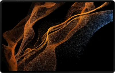 A tablet displaying abstract, flowing particles of orange and blue on a black background.