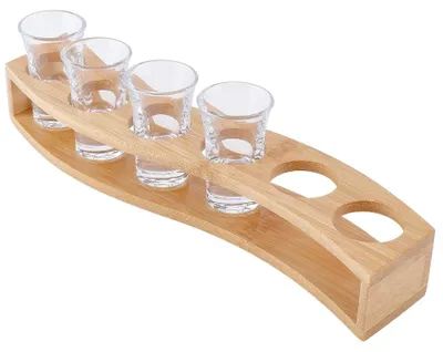 S-förmiges Shotglas-Tablett aus Holz, 6 Halterungen, 32 cm