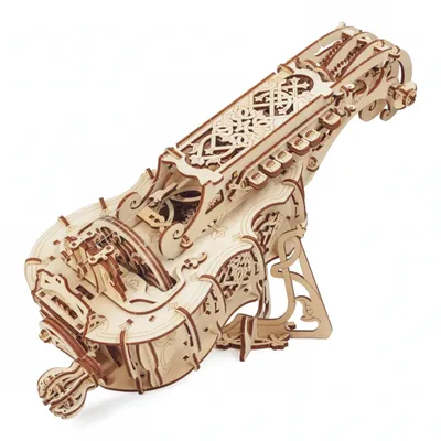 A wooden 3D puzzle of a hurdy-gurdy.