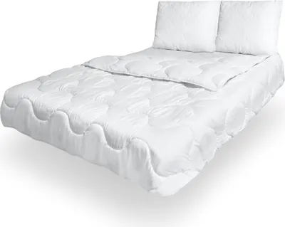 A white duvet and two pillows are arranged on a surface, likely a bed, against a white background.