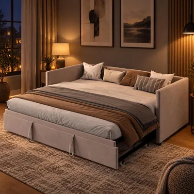 Produktbild von Schlafsofa Samt Grau mit Ausziehbett, Tagesbett mit Lattenrost, 3 Funktionsformen, belastbar bis 300kg