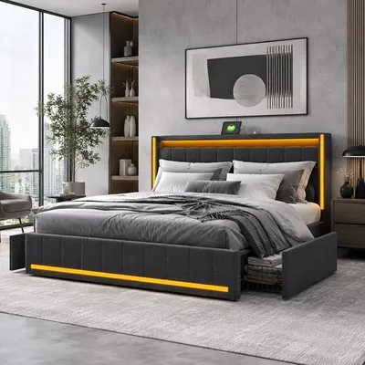 Zdjęcie produktu dla Łóżko tapicerowane 160x200 cm z pojemnikiem, podwójne łóżko z oświetleniem LED i 4 szufladami oraz stelażem, łóżko młodzieżowe z oświetleniem LED i funkcją ładowania USB, rama łóżka z pojemnikiem