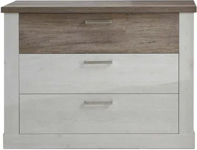 A front view of a three-drawer chest of drawers with a wood-grain top drawer and white lower drawers.