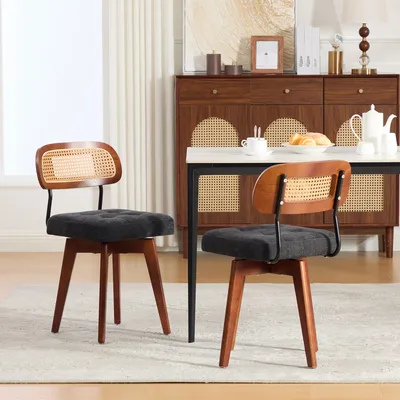 Produktbild von okwish 2er-Set 360°-Esszimmerstuhl mit geflochtener Rückenlehne,  gepolsterter Sitzfläche,Küchenstuhl,Chenille,Schwarz