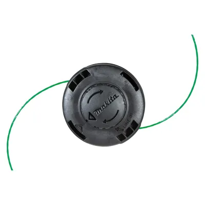A black string trimmer head with green trimmer line on a white background.