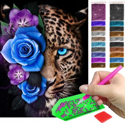 Produktbild von ARTULIO - Diamond Painting Set - Leopard mit blauer Rose - 40 x 30 cm - Eckige quadratische Steine, Komplettset Mosaik + Zubehör