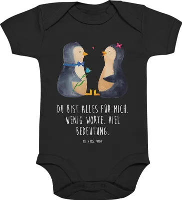 Produktbild von Mr. & Mrs. Panda Babybody Pinguin Pärchen 12. - 18. Monat - Schwarz - Geschenk, Liebe, overall baby, Strampler, Hochzeitstag, babykleidung body, Hochzeitsgeschenk