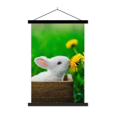 Produktbild von MuchoWow® Textilposter Kaninchen - Löwenzahn - Gras 40x60 cm mit schwarzem Rahmen - Wanddekorationen