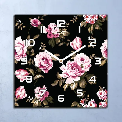 Produktbild von Deko Glasuhr Wanduhr 30x30 Dunkle Blumen Rosa Quarz Küchenuhr Bürouhr