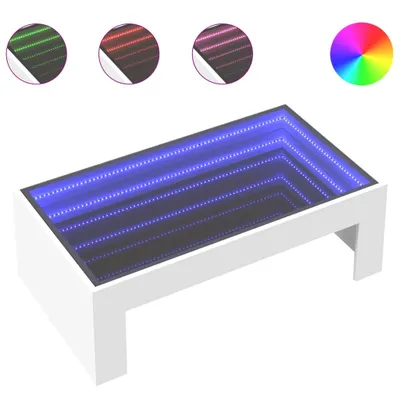 A white coffee table with an infinity mirror effect illuminated by blue LED lights.