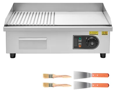 Image de Plaque de cuisson électrique SucceBuy à usage professionnel, 3200 W, surface de cuisson de 535 x 300 mm, plaque de cuisson de table à double face (rainurée et lisse), livrée avec 2 spatules, 2 brosses et des patins, idéale pour les steaks et les crêpes