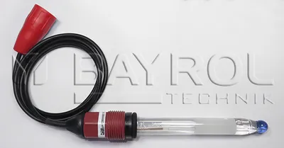 A pH electrode with a cable and connector is laid out on a white background.