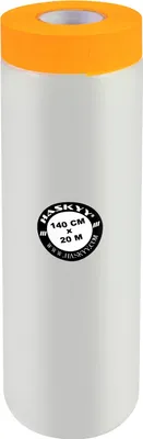 A roll of protective sheeting with an orange band at the top, likely for painting or construction.