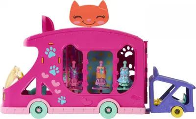 A toy mobile fashion show vehicle with a cat face on top.