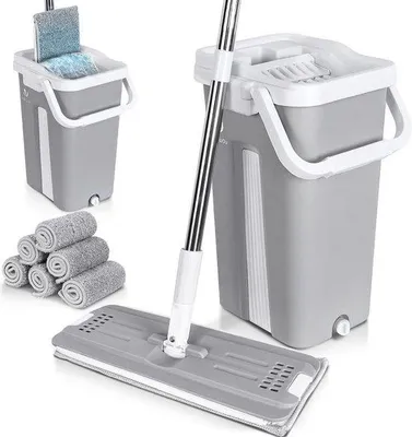 Obrázek produktu pro Sada mikrovláknových mopů, 6 opakovaně použitelných utěrek, nerezová ocel, otočné o 360°, šedá