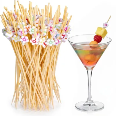 Productafbeelding van Bamboe cocktailprikkers - 100 stuks met kleurrijke bloemen - Decoratie voor fingerfood, snacks en fruit - Meerdere kleuren