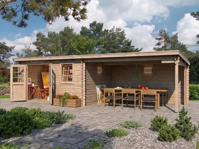 Produktbild von Gartenhaus Blockbohlenhaus Aida 800 28 mm naturbelassen mit 3,8 m Anbau