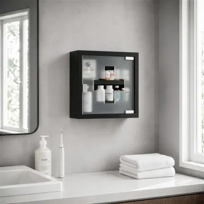 Produktbild von YZNAHRE Medizinschrank Edelstahl 2 Fächer Medikamenten Aufbewahrung 30x12x30cm Apothekerschrank Hängend mit Glas Tür and 2 Schlüssel Abschließbar Medikamentenschrank Arzneischrank, Schwarz