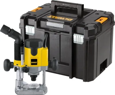 A yellow and black DeWALT electric router and its black T-STAK storage box are shown against a white background.
