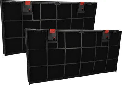 Two black activated carbon filters for a range hood, viewed from a slightly elevated angle against a white background.
