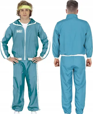 A person wearing a teal tracksuit with white stripes and a yellow headband.