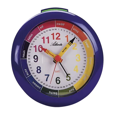 A close-up of a blue alarm clock with colorful markings for learning.